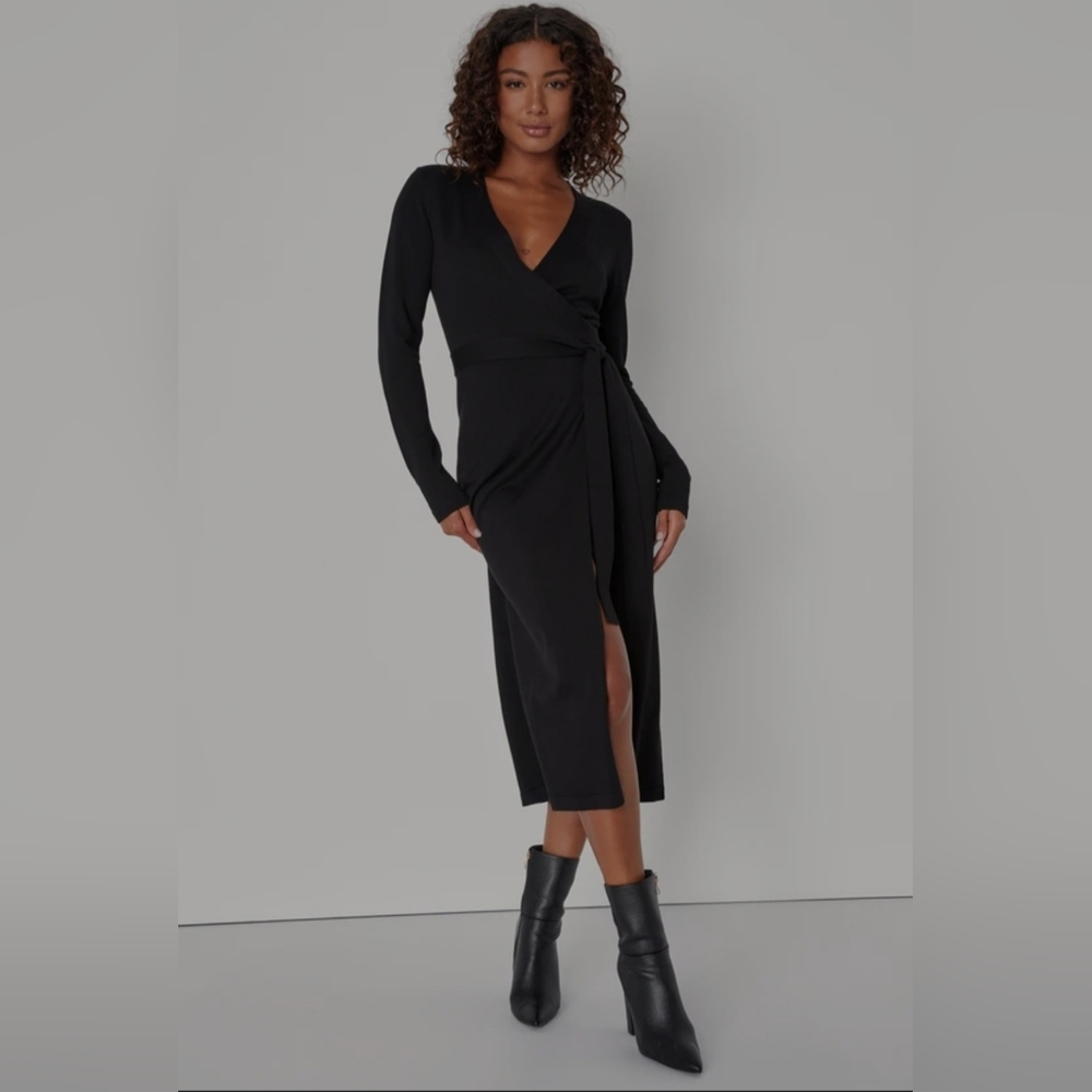 Lulus | Literary Lover Black Midi Wrap Sweater Dress | Size M